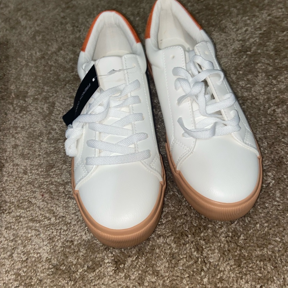 New French Connection CreamLeather Sneakers with Orange Accents